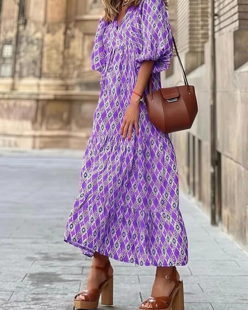 Rina Boho Dress for Women – Floral Print, V-Neck & Flowy Puff Sleeves, Summer