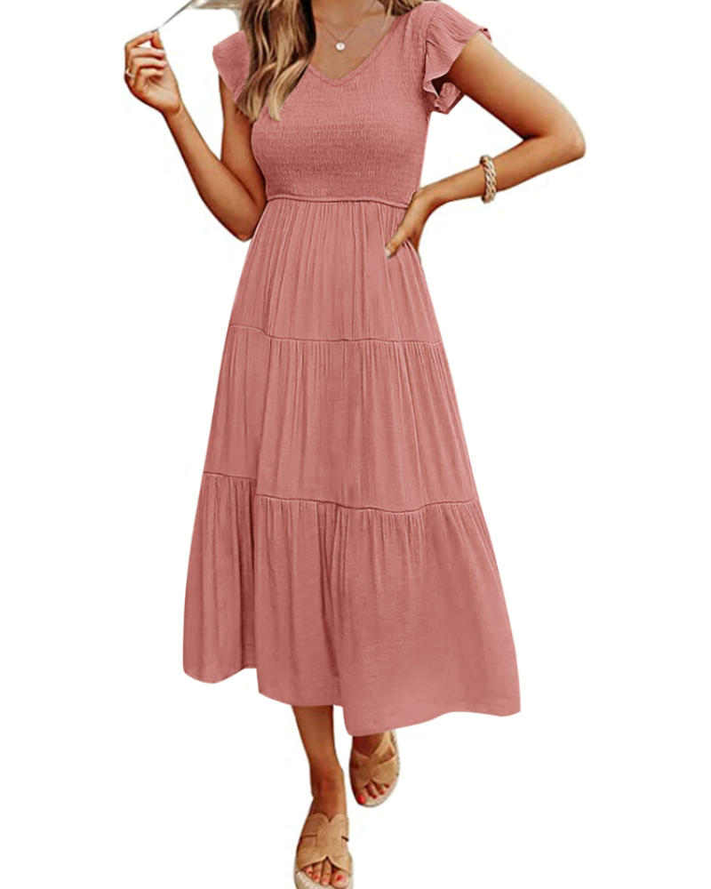 Skye Midi Dress for Women – Smocked V-Neck, Flutter Sleeves & Pockets