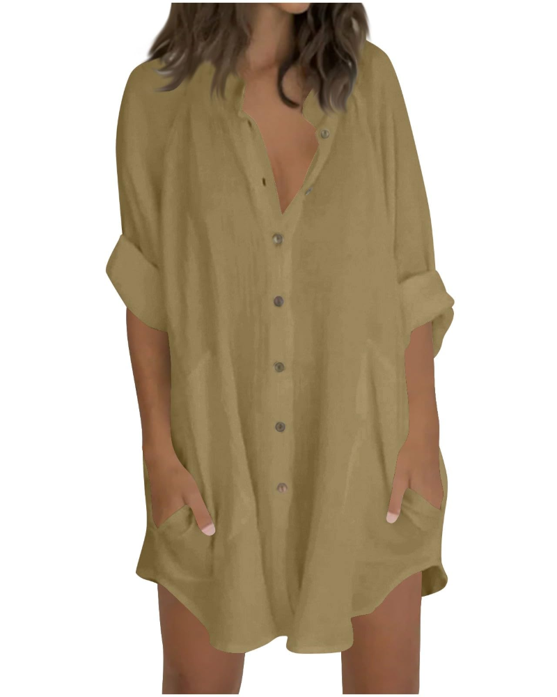 Vanessa Summer Tunic for Women – Oversized Cotton Linen Shirt, 3/4 Sleeves