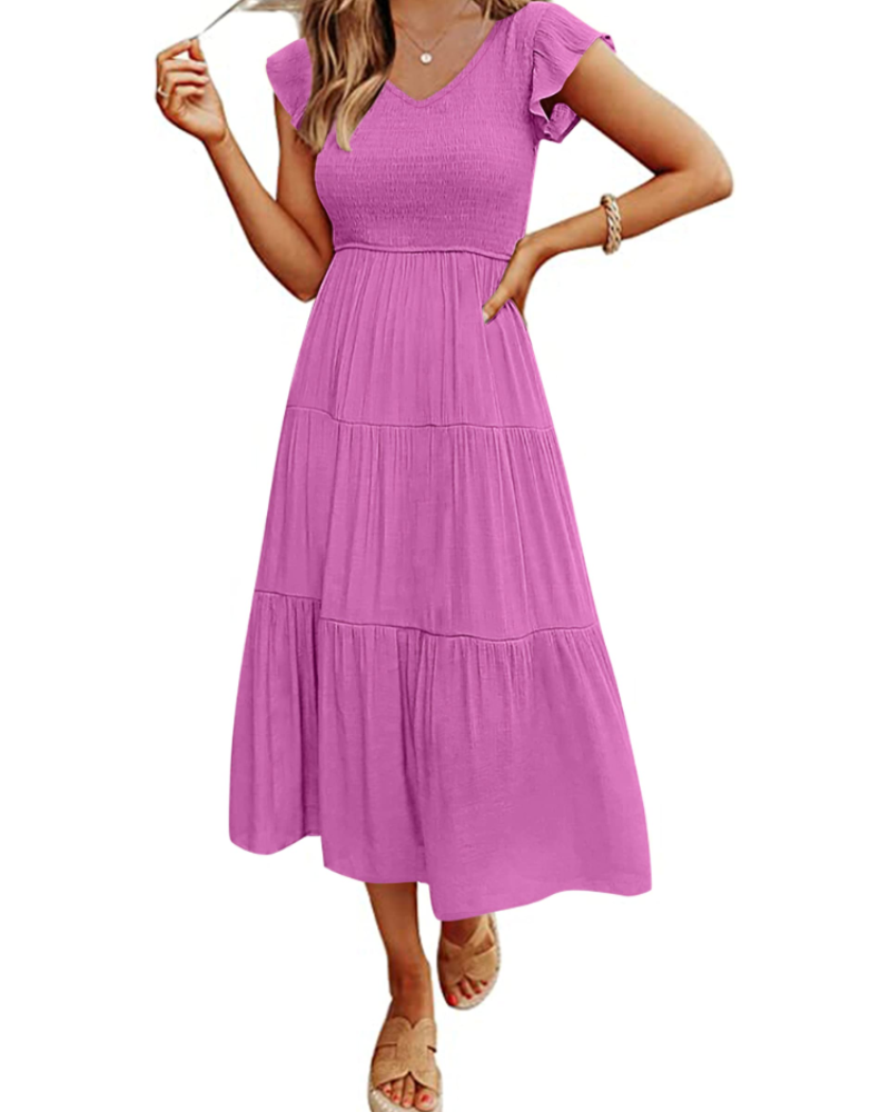 Skye Midi Dress for Women – Smocked V-Neck, Flutter Sleeves & Pockets
