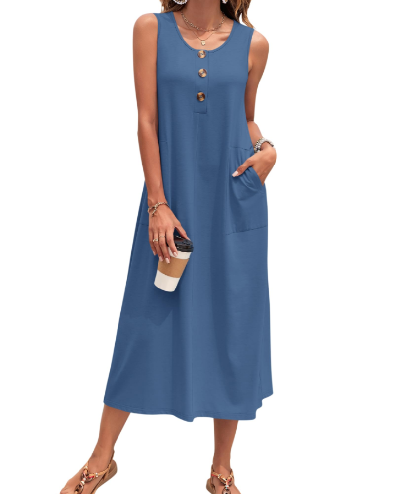 Julia Dress for Women – A-Line Maxi Dress, Sleeveless with Buttons and Pockets, Casual Summer
