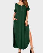 Rosenda Maxi Dress for Women – V-Neck Short Sleeves, Flowy Cut & Slit with Pockets, Summer