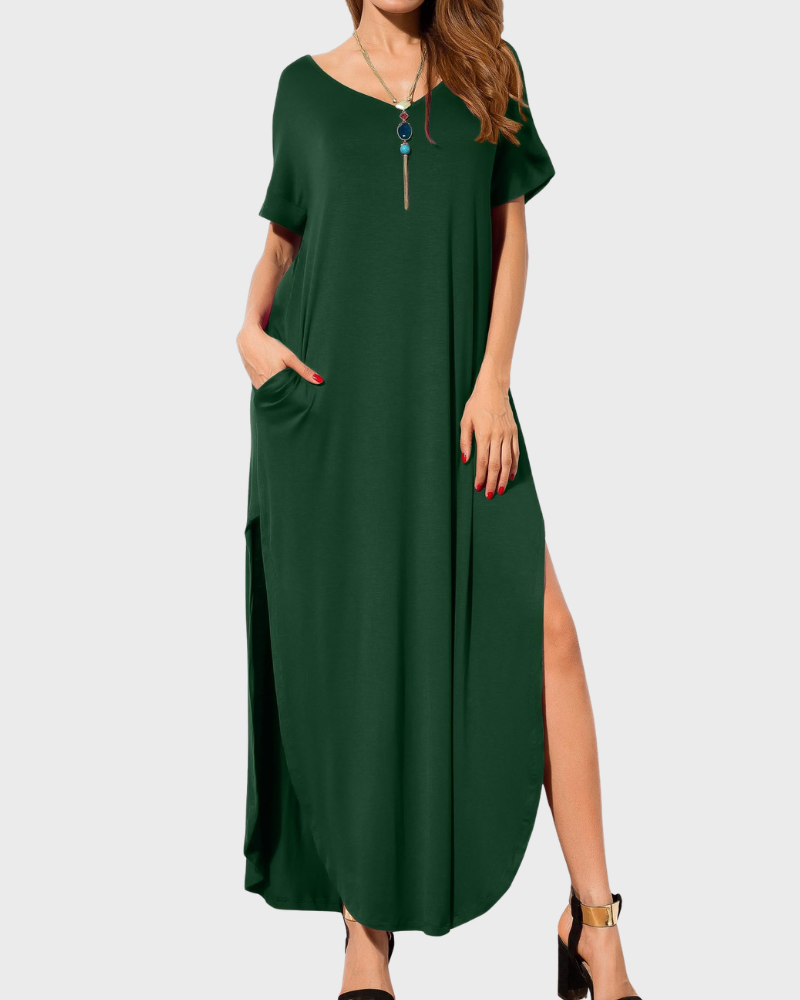 Rosenda Maxi Dress for Women – V-Neck Short Sleeves, Flowy Cut & Slit with Pockets, Summer