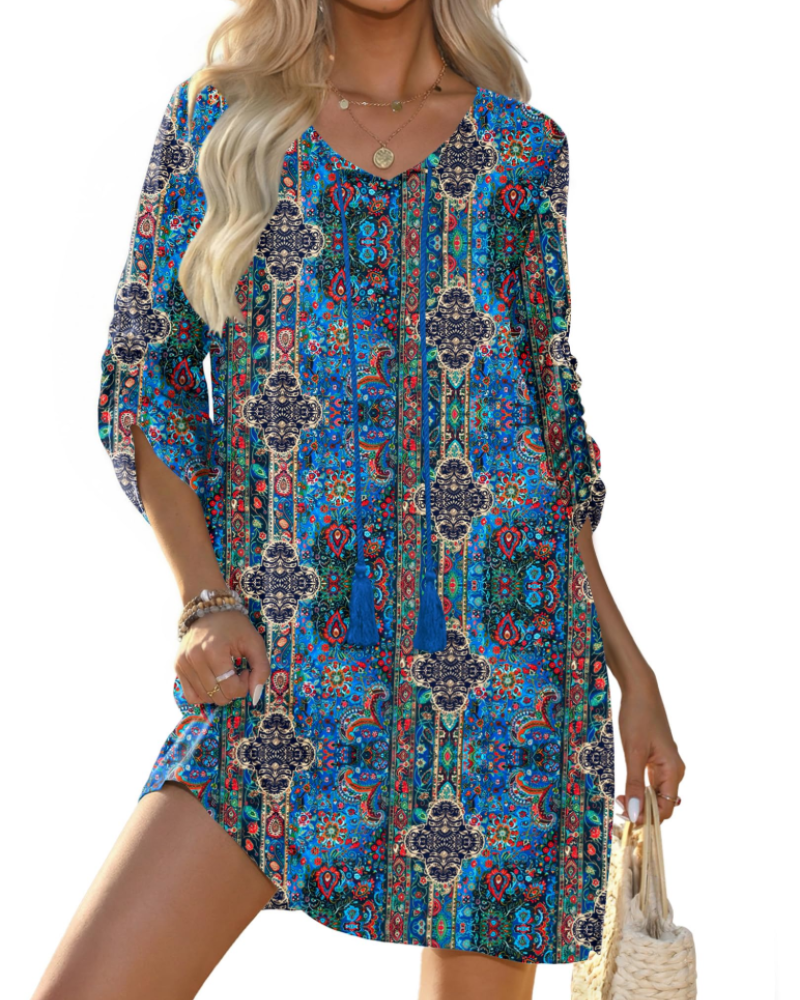 Cella Boho Dress for Women – Floral Tunic Dress, V-Neck, 3/4 Sleeves & Flowy Fit