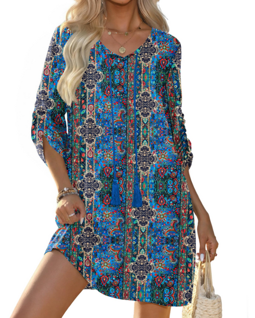 Cella Boho Dress for Women – Floral Tunic Dress, V-Neck, 3/4 Sleeves & Flowy Fit