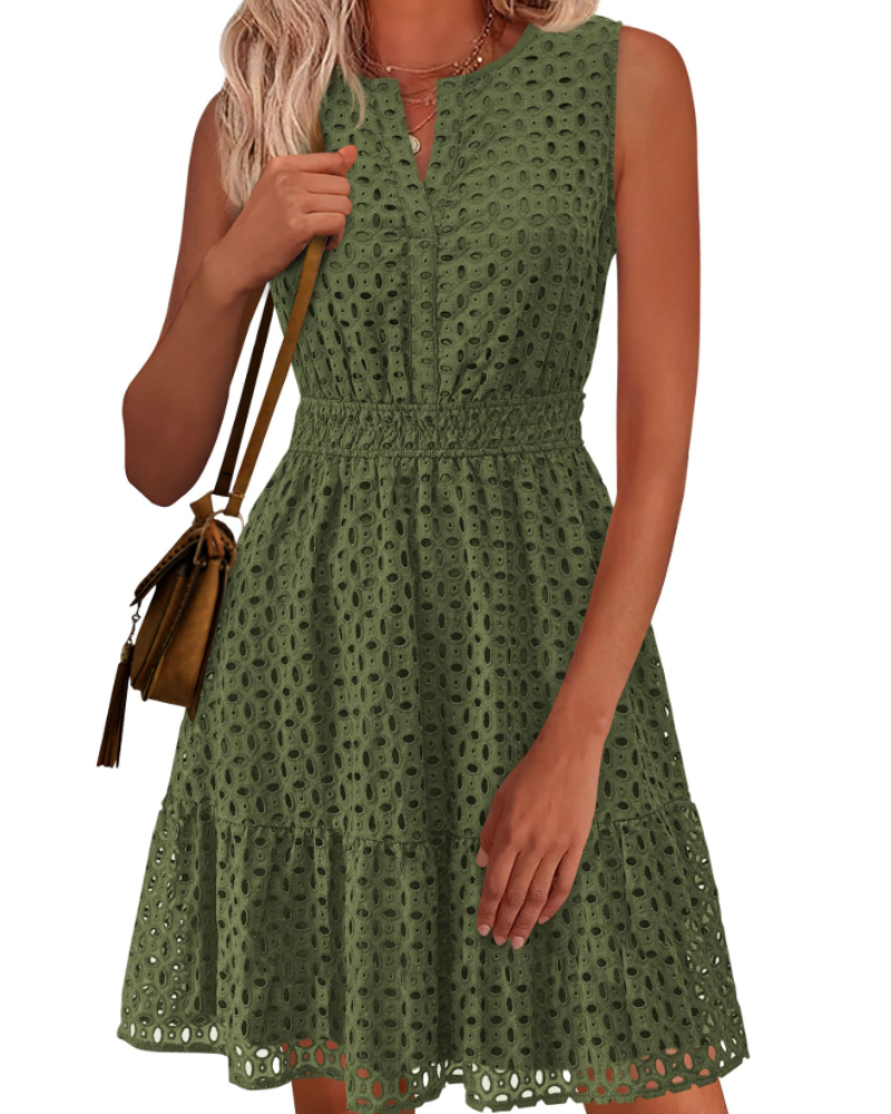 Clarisse Dress for Women – Summer A-Line Dress, Sleeveless V-Neck, Eyelet Embroidery, Elastic Waist