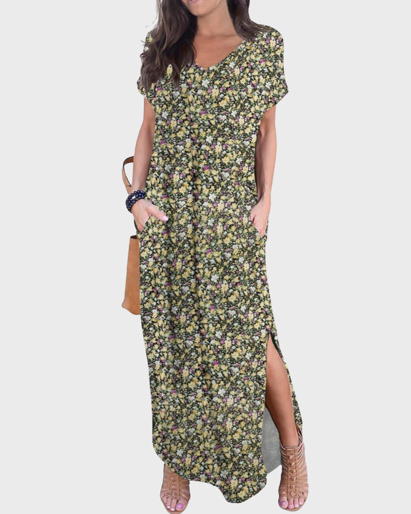 Rosenda Maxi Dress for Women – V-Neck Short Sleeves, Flowy Cut & Slit with Pockets, Summer