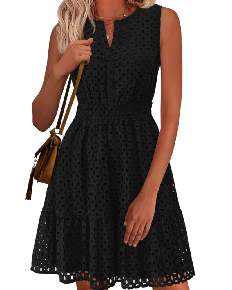 Clarisse Dress for Women – Summer A-Line Dress, Sleeveless V-Neck, Eyelet Embroidery, Elastic Waist