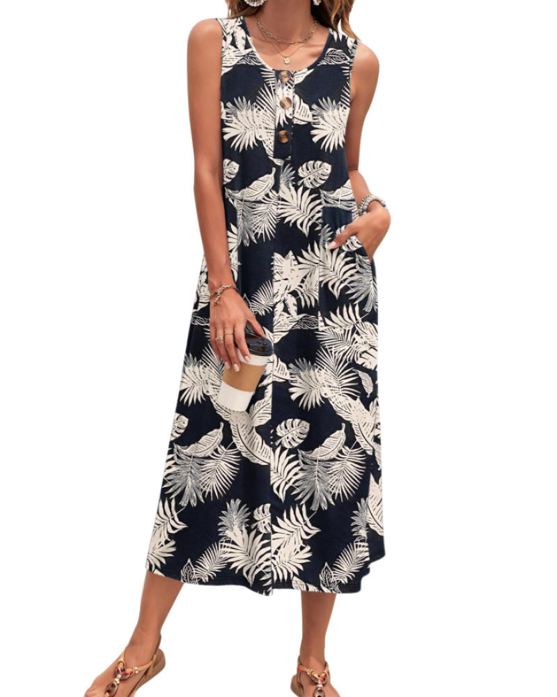 Julia Dress for Women – A-Line Maxi Dress, Sleeveless with Buttons and Pockets, Casual Summer