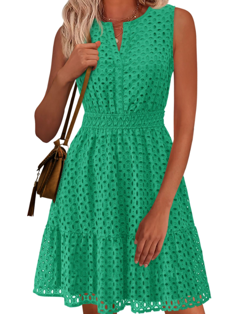 Clarisse Dress for Women – Summer A-Line Dress, Sleeveless V-Neck, Eyelet Embroidery, Elastic Waist
