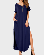 Rosenda Maxi Dress for Women – V-Neck Short Sleeves, Flowy Cut & Slit with Pockets, Summer