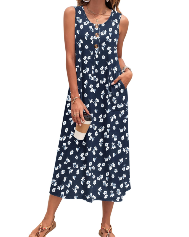 Julia Dress for Women – A-Line Maxi Dress, Sleeveless with Buttons and Pockets, Casual Summer