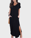 Rosenda Maxi Dress for Women – V-Neck Short Sleeves, Flowy Cut & Slit with Pockets, Summer