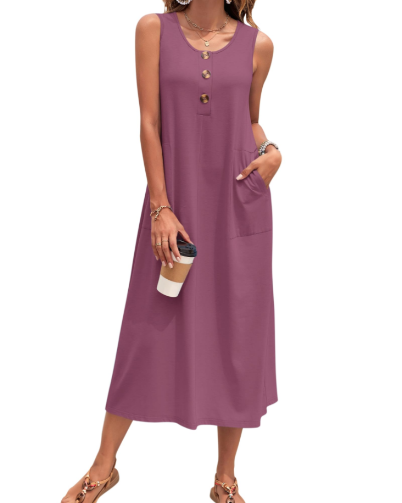Julia Dress for Women – A-Line Maxi Dress, Sleeveless with Buttons and Pockets, Casual Summer