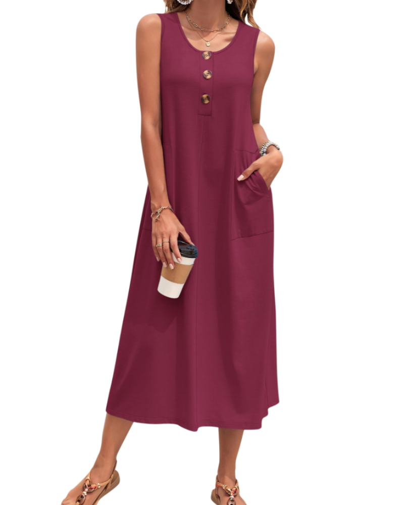 Julia Dress for Women – A-Line Maxi Dress, Sleeveless with Buttons and Pockets, Casual Summer