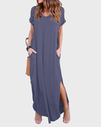 Rosenda Maxi Dress for Women – V-Neck Short Sleeves, Flowy Cut & Slit with Pockets, Summer