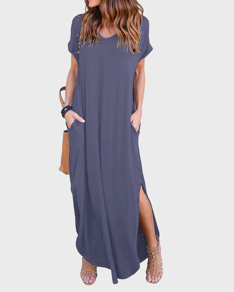 Rosenda Maxi Dress for Women – V-Neck Short Sleeves, Flowy Cut & Slit with Pockets, Summer