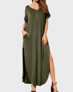 Rosenda Maxi Dress for Women – V-Neck Short Sleeves, Flowy Cut & Slit with Pockets, Summer
