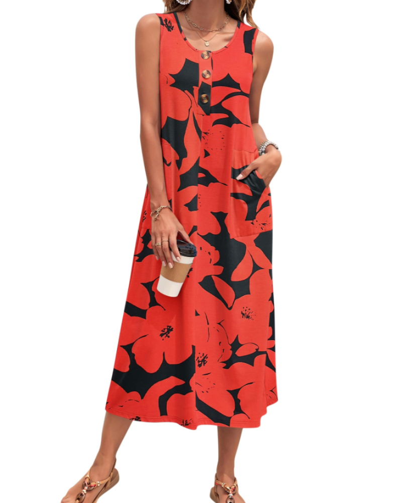 Julia Dress for Women – A-Line Maxi Dress, Sleeveless with Buttons and Pockets, Casual Summer