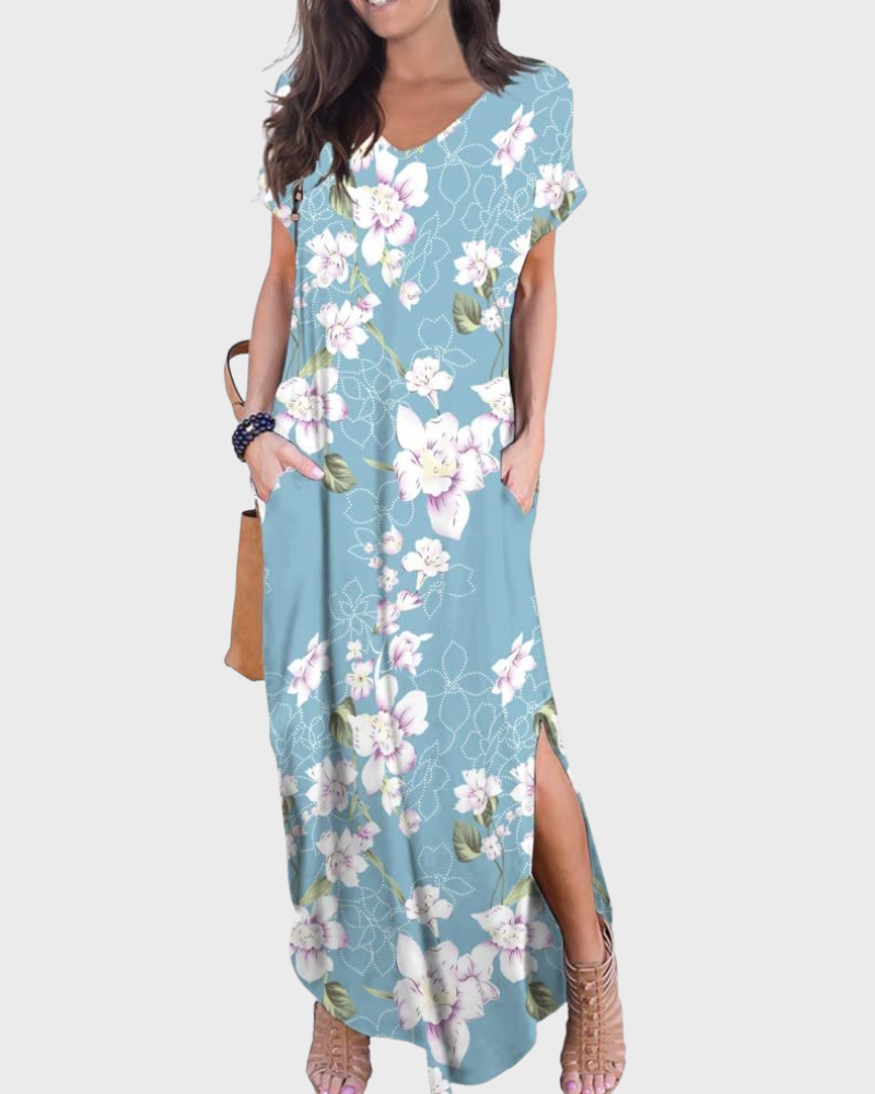 Rosenda Maxi Dress for Women – V-Neck Short Sleeves, Flowy Cut & Slit with Pockets, Summer