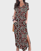 Rosenda Maxi Dress for Women – V-Neck Short Sleeves, Flowy Cut & Slit with Pockets, Summer
