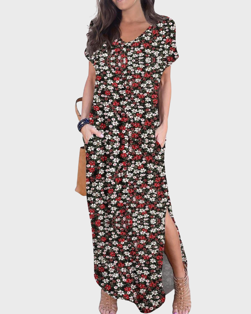 Rosenda Maxi Dress for Women – V-Neck Short Sleeves, Flowy Cut & Slit with Pockets, Summer