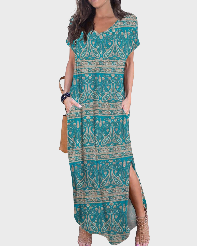 Rosenda Maxi Dress for Women – V-Neck Short Sleeves, Flowy Cut & Slit with Pockets, Summer