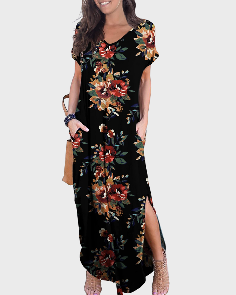 Rosenda Maxi Dress for Women – V-Neck Short Sleeves, Flowy Cut & Slit with Pockets, Summer