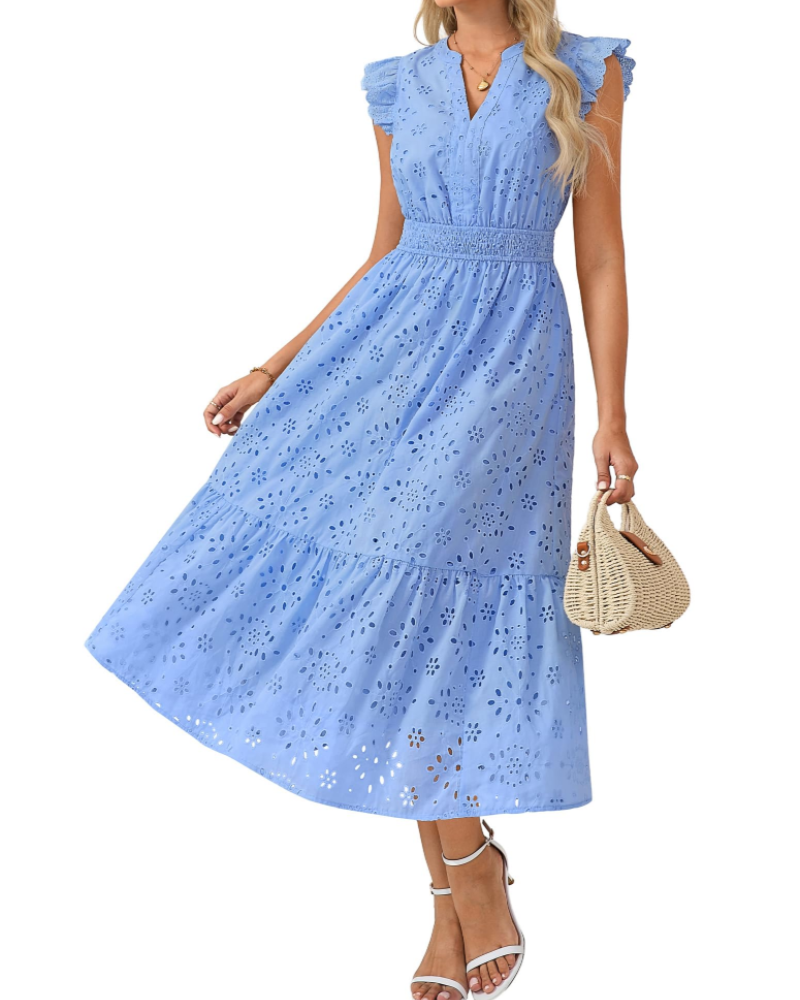 Fella Midi Dress for Women – V-Neck Henley Dress, Flutter Sleeves & Smocked Waist