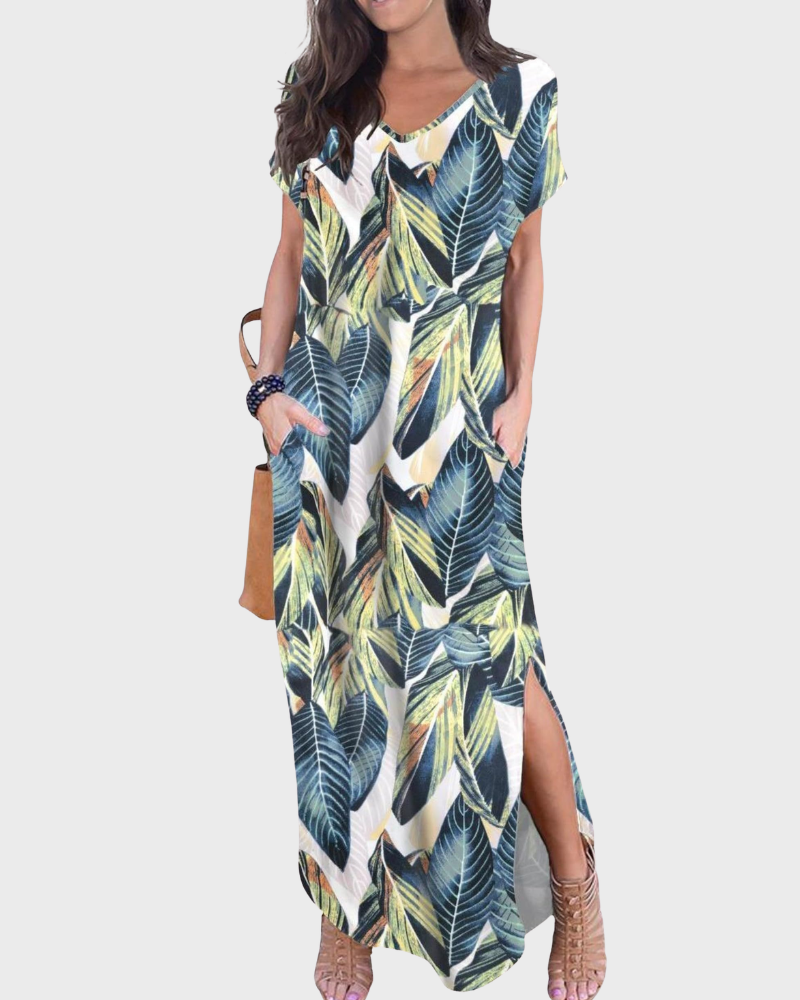 Rosenda Maxi Dress for Women – V-Neck Short Sleeves, Flowy Cut & Slit with Pockets, Summer