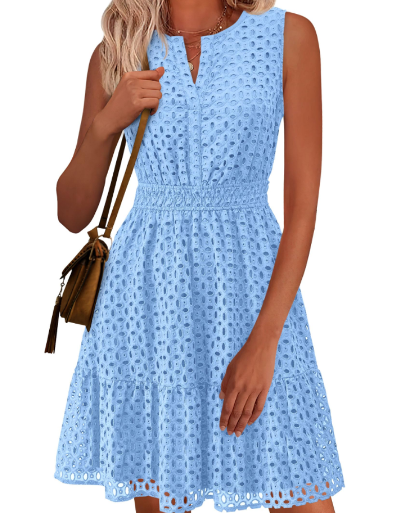 Clarisse Dress for Women – Summer A-Line Dress, Sleeveless V-Neck, Eyelet Embroidery, Elastic Waist