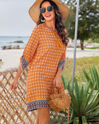 Cella Boho Dress for Women – Floral Tunic Dress, V-Neck, 3/4 Sleeves & Flowy Fit