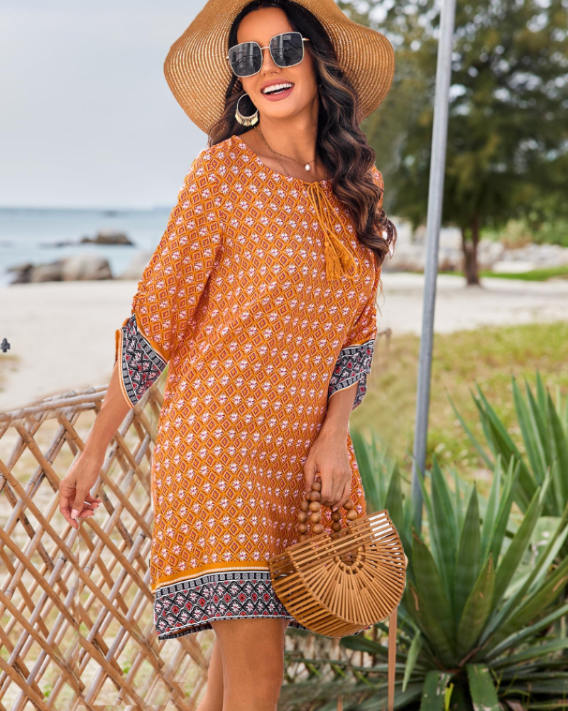 Cella Boho Dress for Women – Floral Tunic Dress, V-Neck, 3/4 Sleeves & Flowy Fit