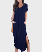 Rosenda Maxi Dress for Women – V-Neck Short Sleeves, Flowy Cut & Slit with Pockets, Summer