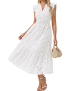 Fella Midi Dress for Women – V-Neck Henley Dress, Flutter Sleeves & Smocked Waist