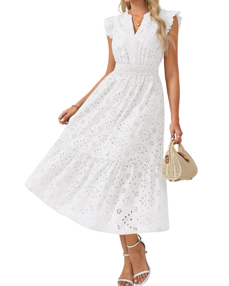 Fella Midi Dress for Women – V-Neck Henley Dress, Flutter Sleeves & Smocked Waist