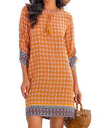 Cella Boho Dress for Women – Floral Tunic Dress, V-Neck, 3/4 Sleeves & Flowy Fit