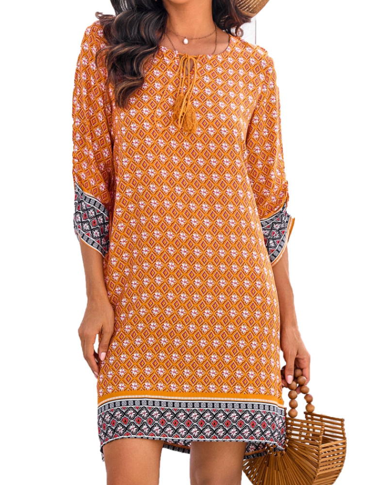 Cella Boho Dress for Women – Floral Tunic Dress, V-Neck, 3/4 Sleeves & Flowy Fit