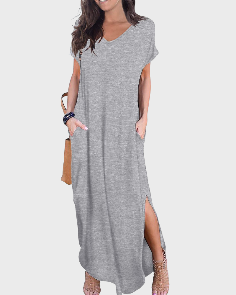 Rosenda Maxi Dress for Women – V-Neck Short Sleeves, Flowy Cut & Slit with Pockets, Summer