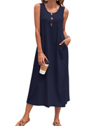 Julia Dress for Women – A-Line Maxi Dress, Sleeveless with Buttons and Pockets, Casual Summer