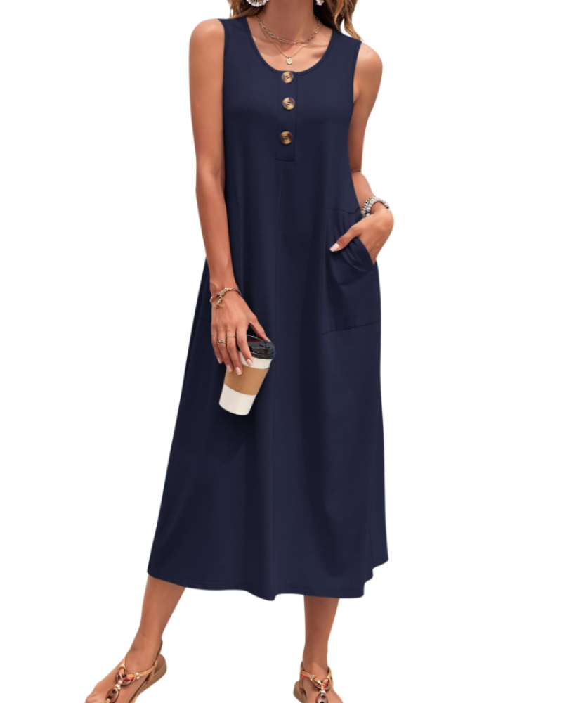 Julia Dress for Women – A-Line Maxi Dress, Sleeveless with Buttons and Pockets, Casual Summer