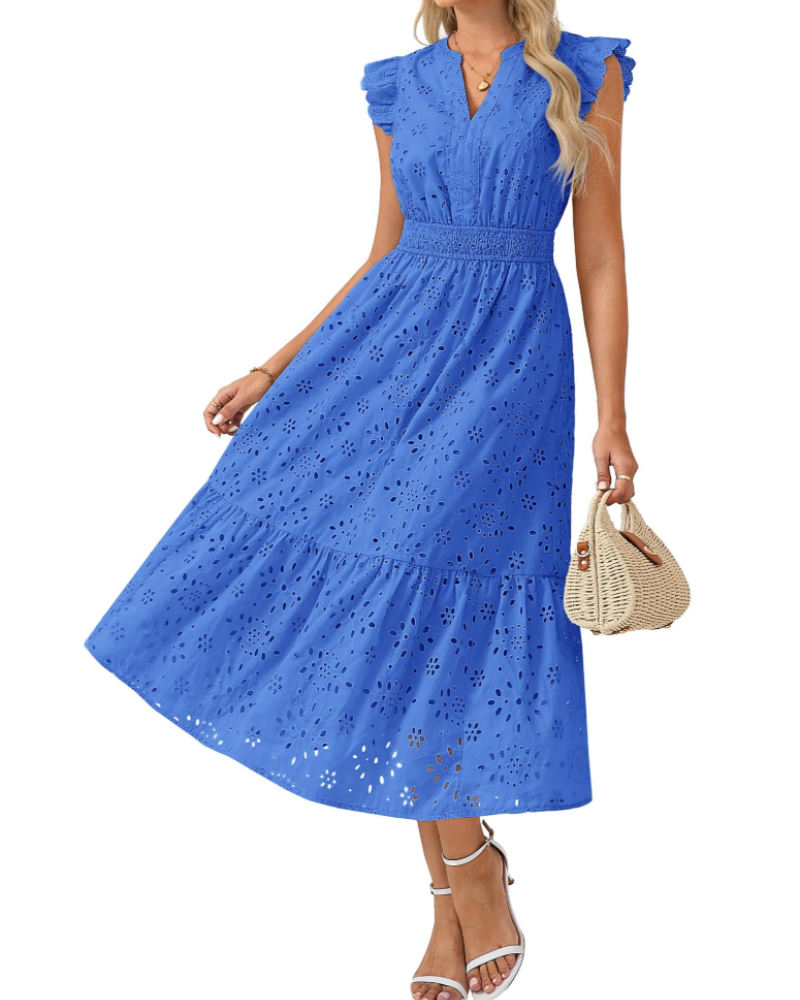 Fella Midi Dress for Women – V-Neck Henley Dress, Flutter Sleeves & Smocked Waist