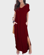 Rosenda Maxi Dress for Women – V-Neck Short Sleeves, Flowy Cut & Slit with Pockets, Summer