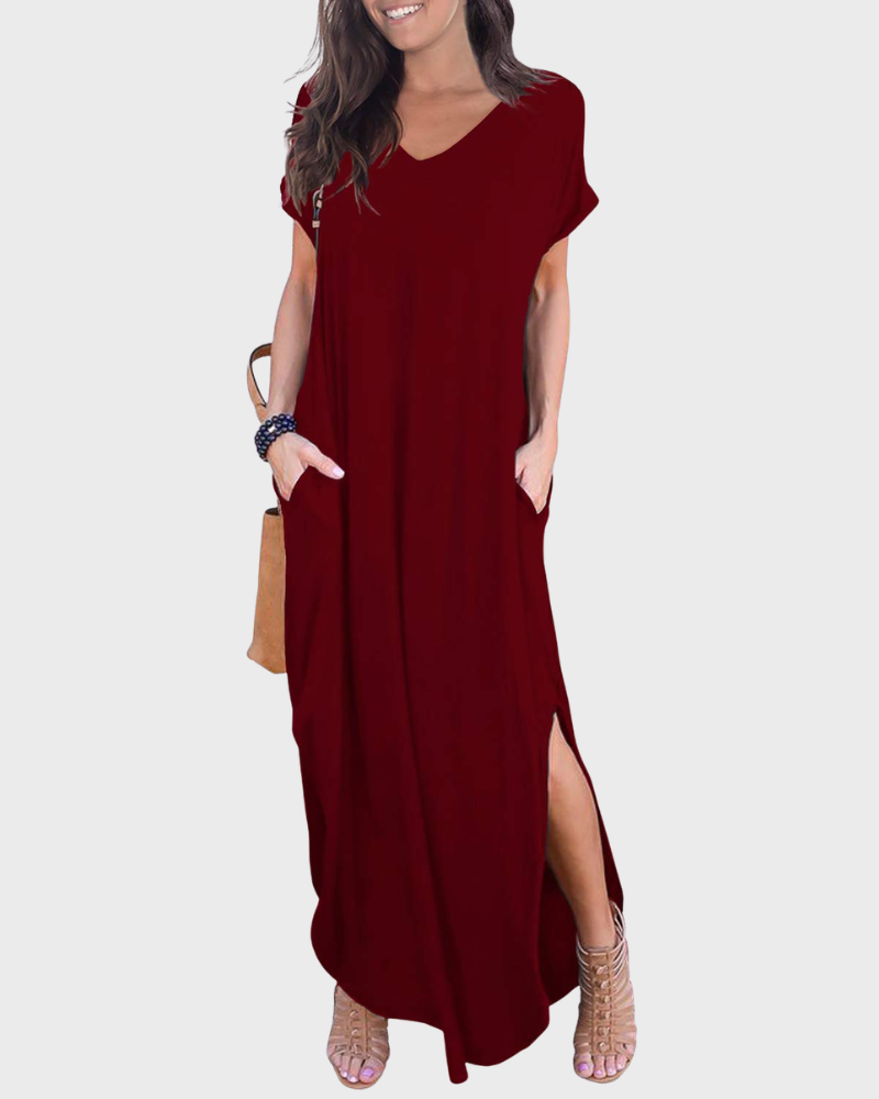 Rosenda Maxi Dress for Women – V-Neck Short Sleeves, Flowy Cut & Slit with Pockets, Summer