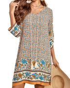 Cella Boho Dress for Women – Floral Tunic Dress, V-Neck, 3/4 Sleeves & Flowy Fit