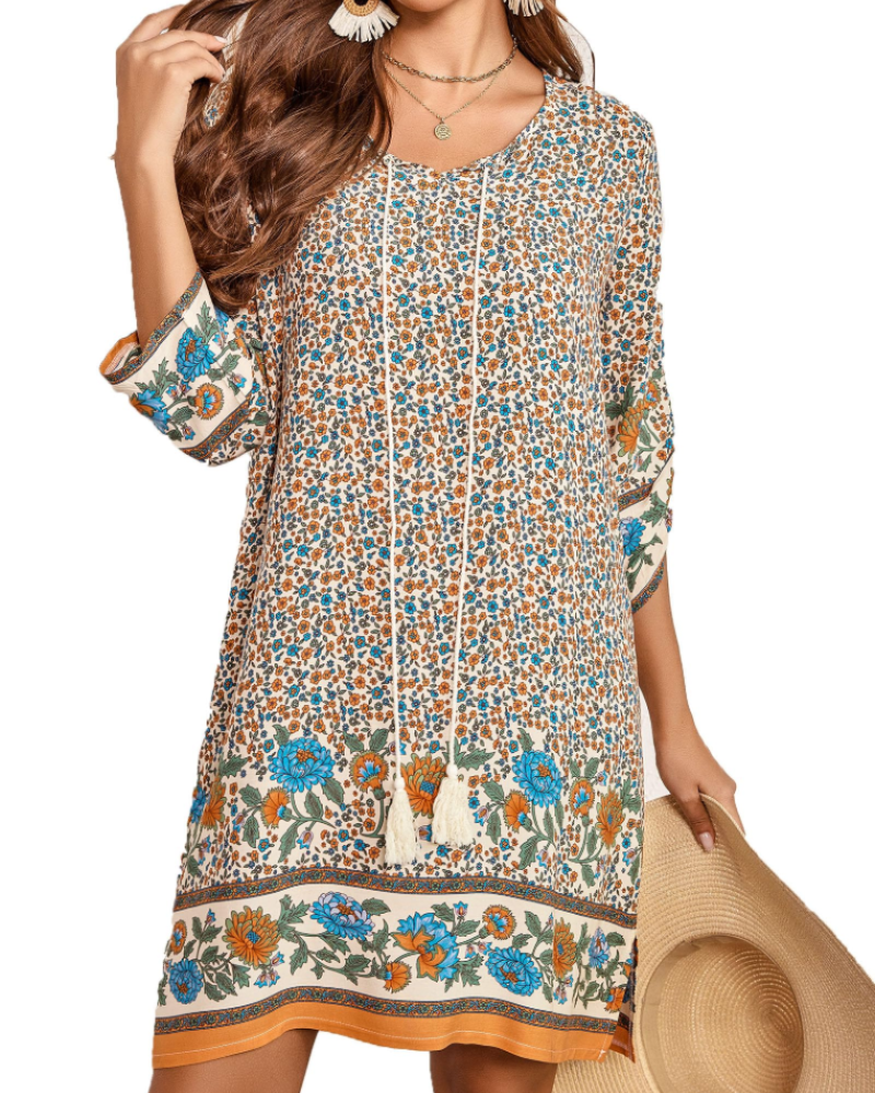 Cella Boho Dress for Women – Floral Tunic Dress, V-Neck, 3/4 Sleeves & Flowy Fit