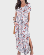 Rosenda Maxi Dress for Women – V-Neck Short Sleeves, Flowy Cut & Slit with Pockets, Summer