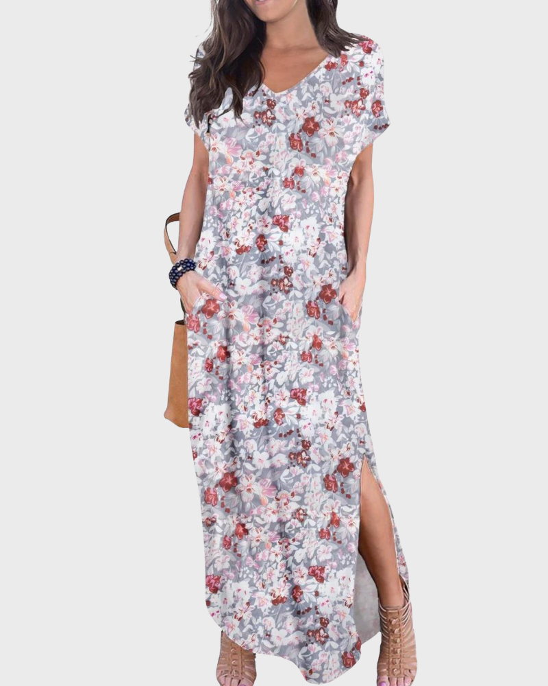 Rosenda Maxi Dress for Women – V-Neck Short Sleeves, Flowy Cut & Slit with Pockets, Summer