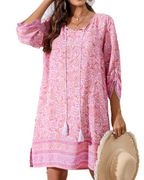Cella Boho Dress for Women – Floral Tunic Dress, V-Neck, 3/4 Sleeves & Flowy Fit