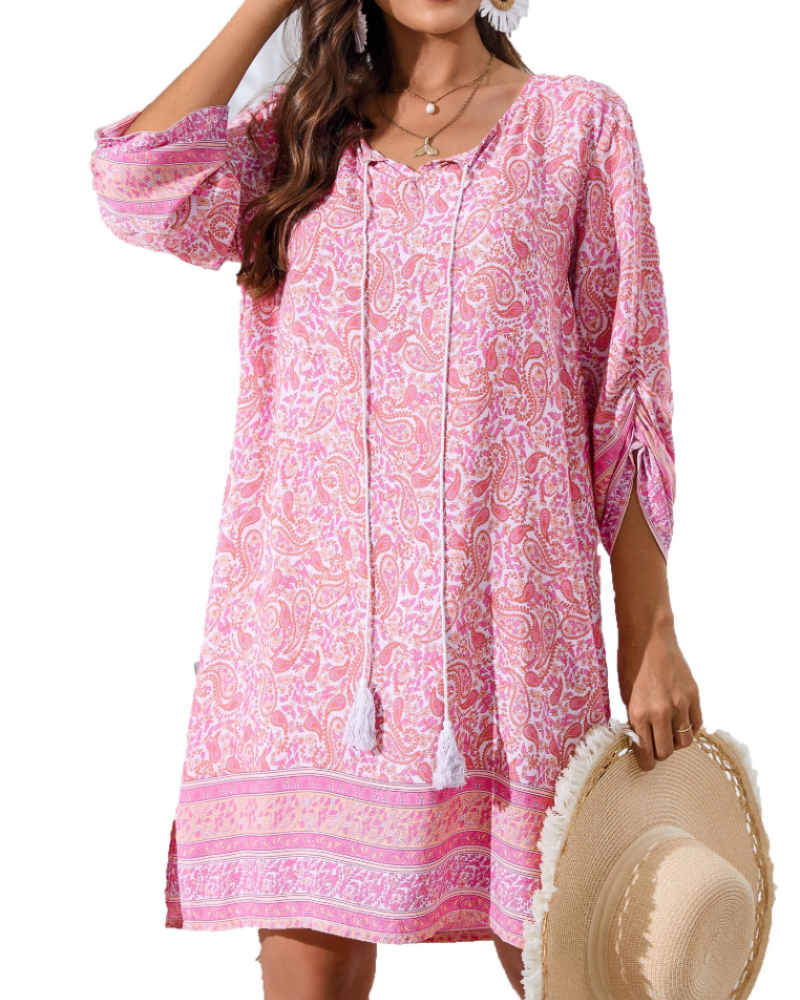 Cella Boho Dress for Women – Floral Tunic Dress, V-Neck, 3/4 Sleeves & Flowy Fit